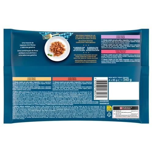 PURINA GOURMET Comida para gatos en gelatina de pato, caza, trucha y pavo 4 uds. 85 g.