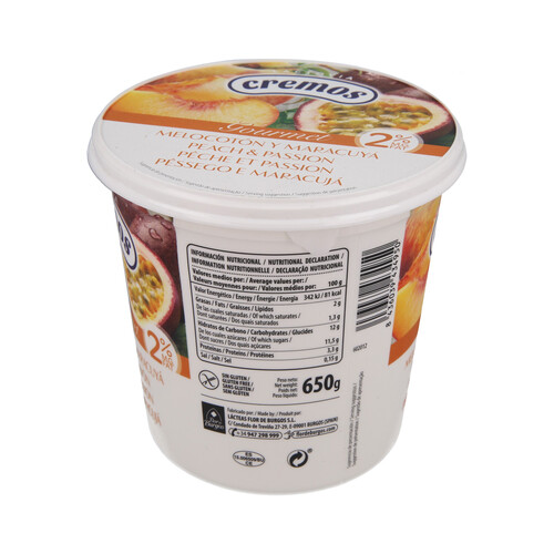 FLOR DE BURGOS Yogur cremoso elaborado sin gluten y con sabor a melocotón y maracuyá Gourmet 650 g.