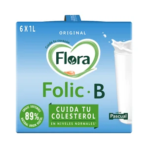FLORA Preparado lácteo desnatado, con ácido fólico y vitaminas, que ayuda a reducir los niveles de colesterol  Folic B original 6 x 1l.