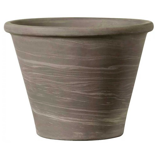 Maceta redonda fabricada en terracota natural en tonos grises. Diseño en dos tonos. Con agujero para drenaje.Capacidad: 1,4 litros