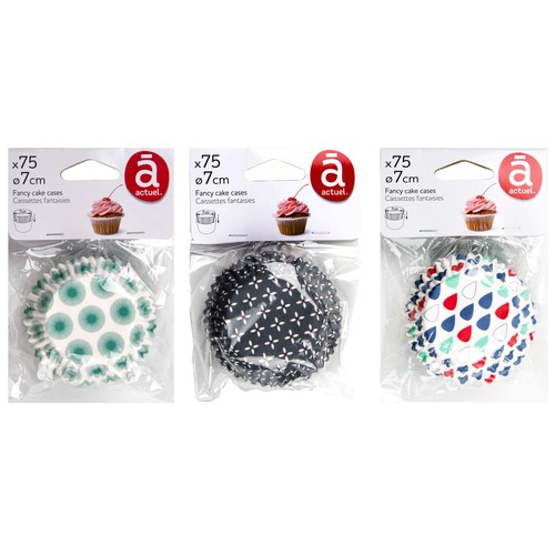 Paquete de 75 cápsulas desechables decoradas para magdalenas, 7cm. de diámetro, ACTUEL.