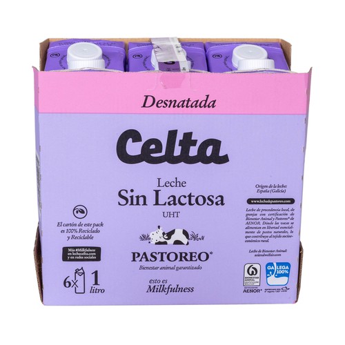 CELTA Leche desnatada de vaca, sin lactosa y de origen 100% gallega Pastoreo 6 x 1l.