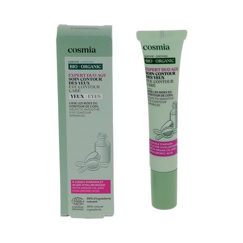 COSMIA Bio expert duo age Contorno de ojos antiarrugas, con aceite de argán y ácido Hialurónico 15 ml.