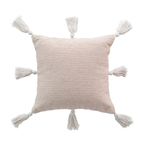 Funda de cojín beige con pompones 40x40cm, DOUCEUR.