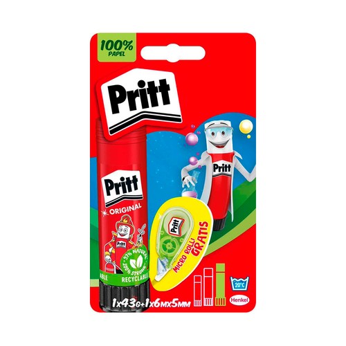 Barra adhesiva de 40 g + cinta correctora con mini aplicador micro rolling PRITT.