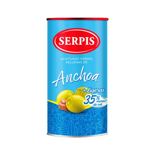 SERPIS Aceitunas verdes rellenas de anchoa (35% menos de sal) lata 150 g.