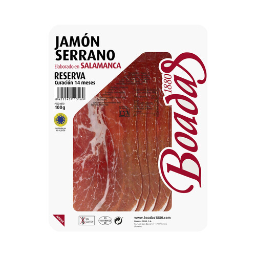 Jamón curado reserva (curación de 14 meses), cortado en cómodas lonchas BOADAS 100 g.