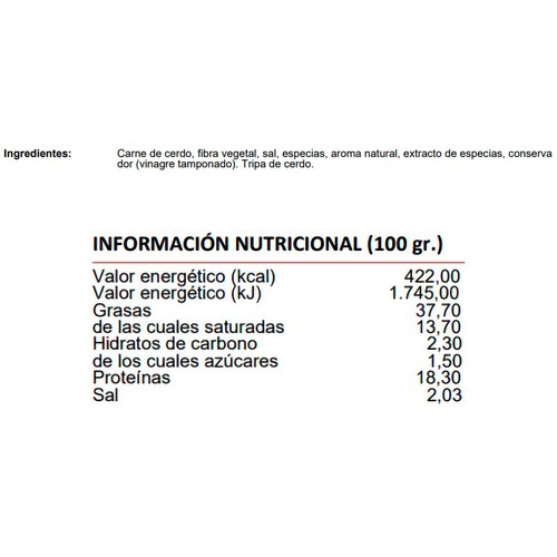 EL CONCHEL Chorizo toscano envasado al vacío Especial Barbacoa 300 g.