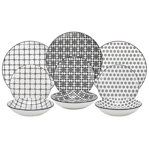 Vajilla de 18 piezas de porcelana, 3 diseños mix and match, negro, ACTUEL