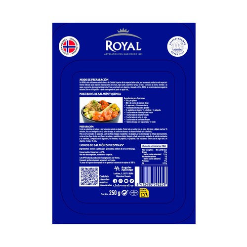 ROYAL Lomo de salmón sin espinas, ideal para elaborar sushi, sashimi, tartar... 250 g.