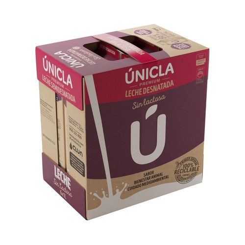 ÚNICLA Leche de vaca desnatada y sin lactosa, de origen 100% gallega 6 x 1 l.