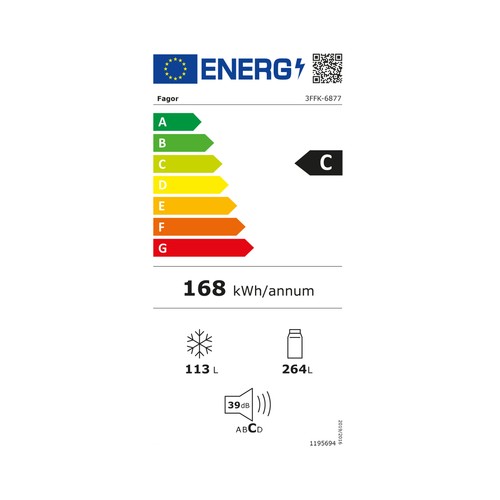 Frigorífico combi 186cm FAGOR 3FFK-6877, color blanco, No Frost, clasificación energética: C, H: 200,5cm, A: 60cm, F: 67,5cm, capacidad total: 377L.