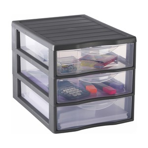 Imagen de Torre de ordenación tamaño A4 color gris con 3 cajones transparentes, 36,5x26x25,5 cm. ACTUEL.