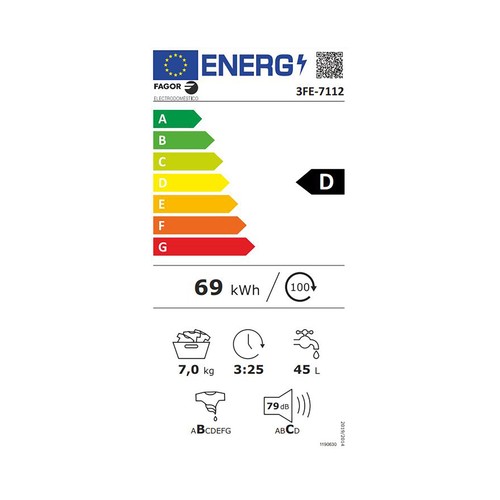 Lavadora FAGOR 3FE7112 7KG, clasificación energética: D, 1200RPM, H: 84,5cm, A: 59,7cm, F: 52,7cm.