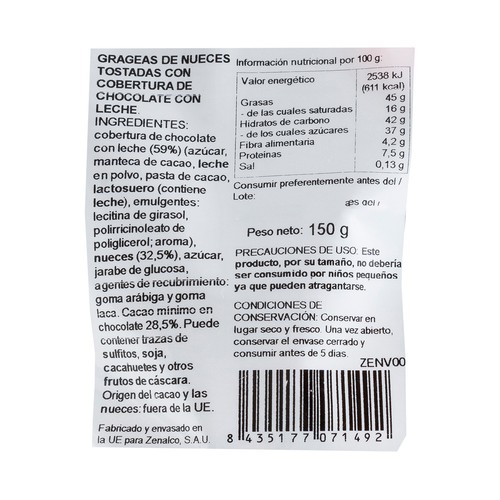 PRODUCTO ALCAMPO Nueces bañadas en chocolate con leche 150 g.