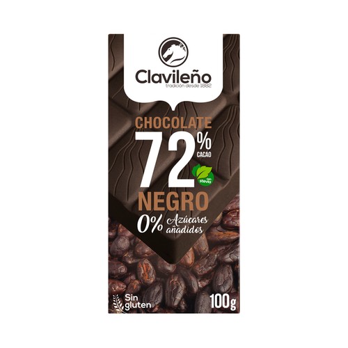 CLAVILEÑO Chocolate negro 72% sin azúcares añadidos 100 g.
