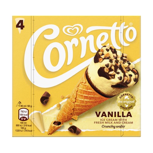 CORNETTO de Frigo Cono de helado de vainilla con chocolate y almendras caramelizadas 4 x 90 ml.
