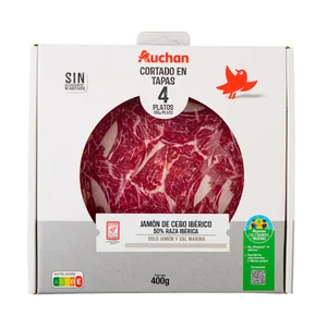 ALCAMPO CULTIVAMOS LO BUENO Estuche con sobres de jamón de cebo ibérico (50% raza ibérica), cortado en tapas 4 x 100 g.