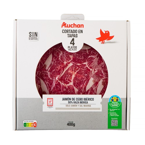 ALCAMPO CULTIVAMOS LO BUENO  Estuche con sobres de jamón de cebo ibérico (50% raza ibérica), cortado en tapas  4 x 100 g.