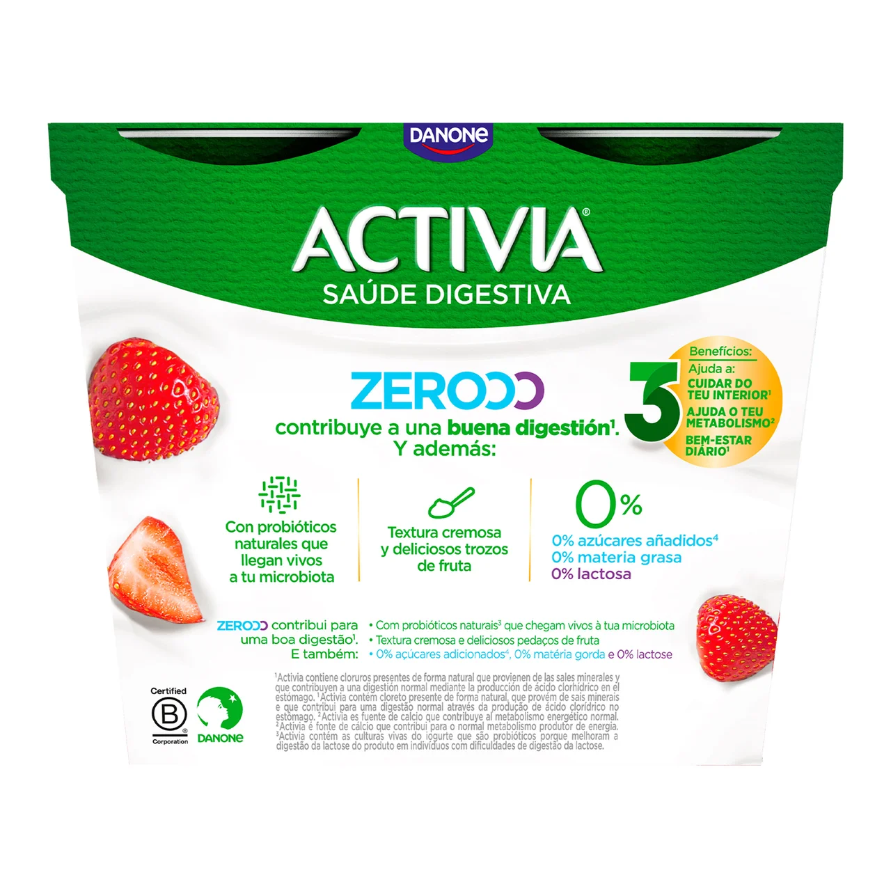 Triple zero de Danone Bífidus desnatado (0% materia grasa), sin lactosa y con trocitos de fresa 4 x 120 g.