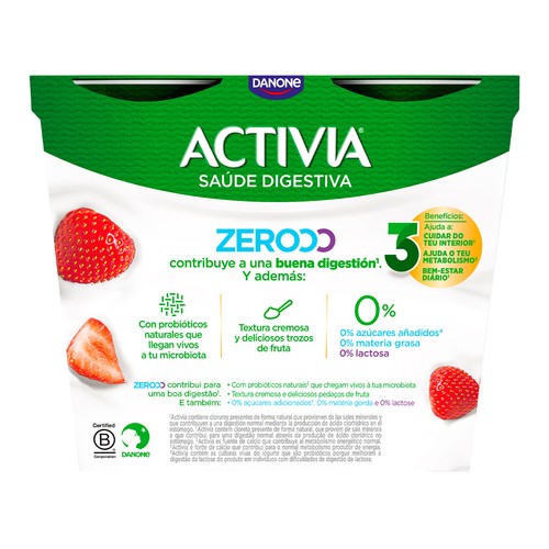 ACTIVIA Triple zero de Danone Bífidus desnatado (0% materia grasa), sin lactosa y con trocitos de fresa 4 x 120 g.