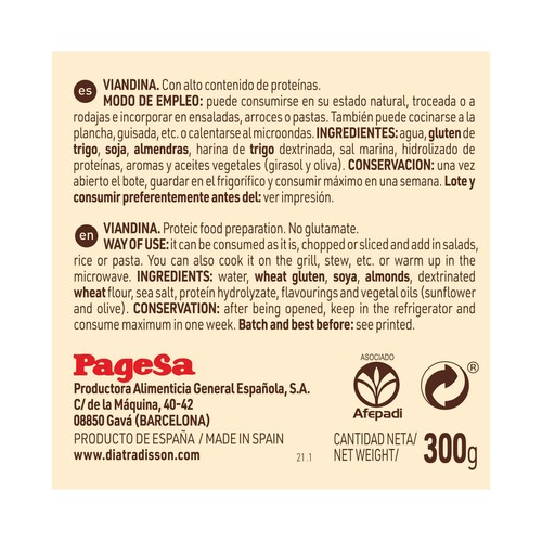 DIAT RADISSON Alimento vegetal proteico (Viandina), apto para veganos 300 g.