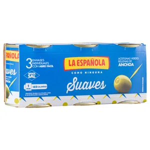 LA ESPAÑOLA Aceitunas verdes rellenas de anchoas Suaves pack de 3 latas de 50 g.