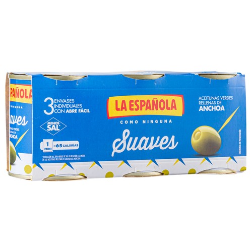 LA ESPAÑOLA Aceitunas verdes rellenas de anchoas Suaves pack de 3 latas de 50 g.