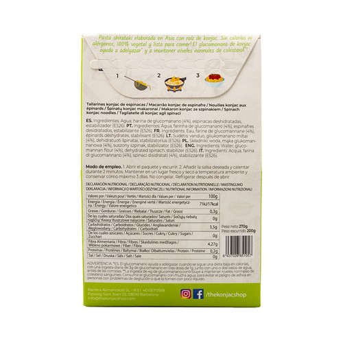 THE KONJAC SHOP Tallarines de konjac con espinacas, que ayudan a adelgazar, listos para comer 270 g.