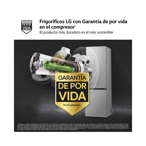 Frigorífico combi 204cm LG GBV3200CPY NO FROST TOTAL, clasificación energética: C, H: 204cm, A: 59,5cm, F: 67,5cm, capacidad total: 387L.