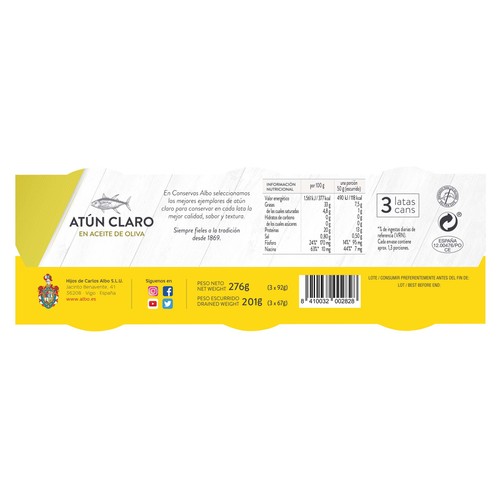 ALBO Atún claro en aceite de oliva pack 3 uds x 67g.