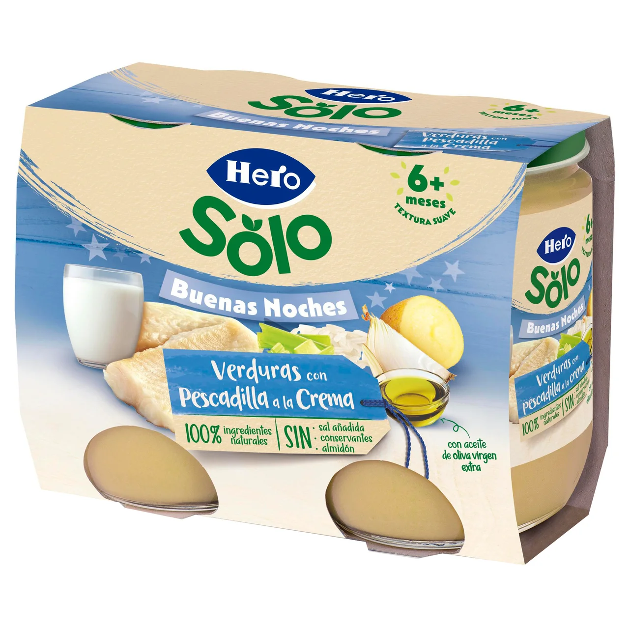 Solo buenas noches Tarrito de verduras con pescadilla a la crema (textura suave) a partir de 6 meses 2 x 190 g.