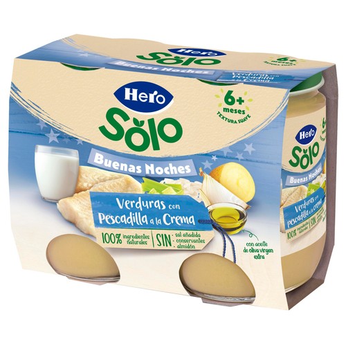 HERO Solo buenas noches Tarrito de verduras con pescadilla a la crema (textura suave) a partir de 6 meses 2 x 190 g.