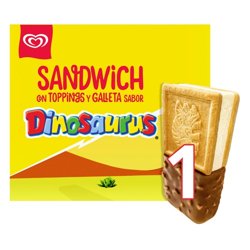 FRIGO Dinosaurus Sándwich de helado galleta toppings y galleta sabor dinosaurus 4 x 130 ml.
