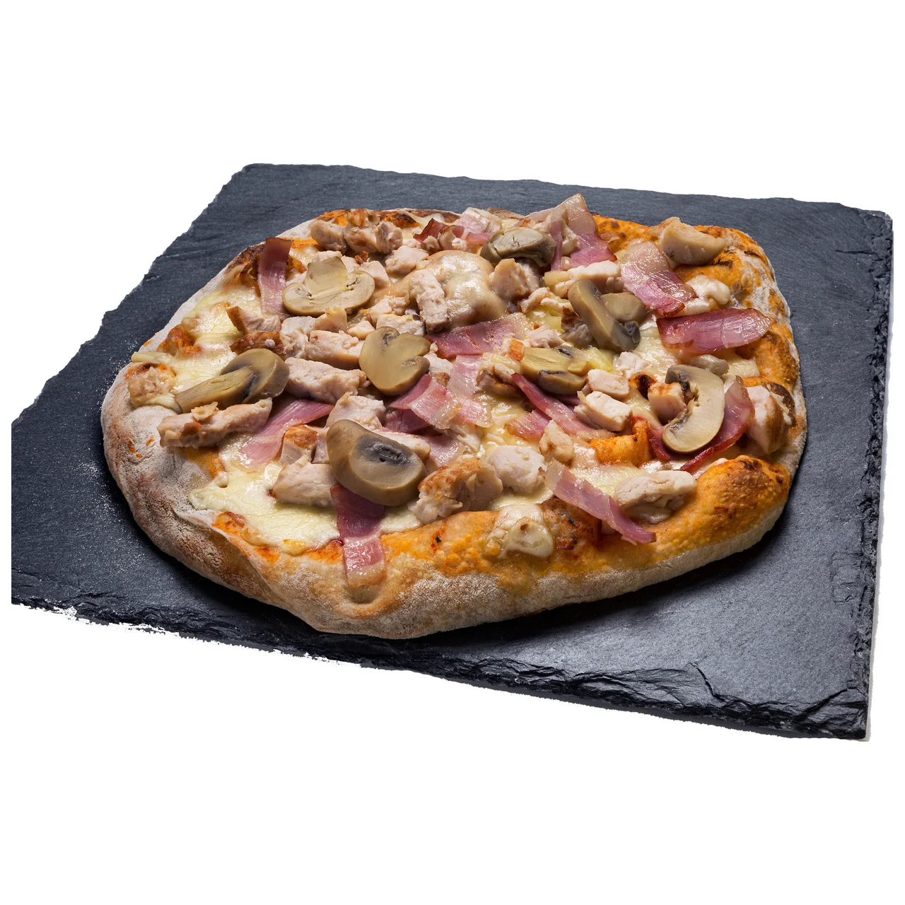 Pizza congelada de pollo braseado con bacon y champiñones 420 g.