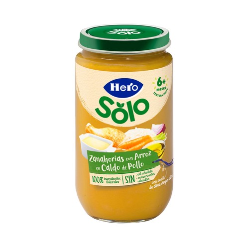 HERO Solo Tarrito de zanahorias con arroz en caldo de pollo, a partir de 6 meses 235 g.