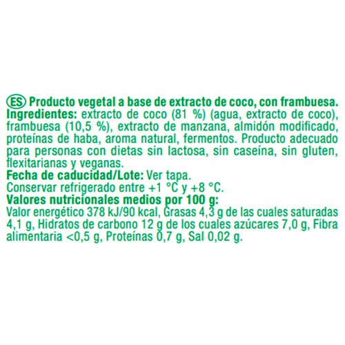 AUCHAN Producto vegetal de coco con frambuesa sin azúcar añadido 150 g. Producto Alcampo.