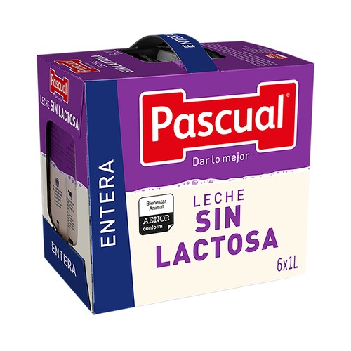 Leche entera sin lactosa procedente de vacas con bienestar garantizado PASCUAL 6 x 1 l.