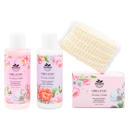 BECASAN NATURE Organic Bandeja con productos para la higiene femenina con olor a Peonia y Dalia.