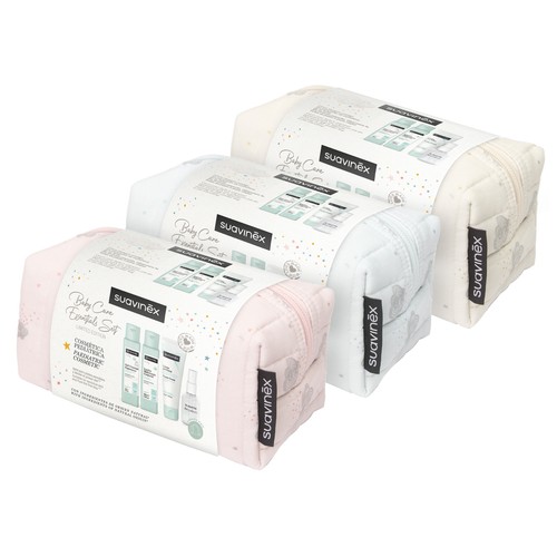 SUAVINEX Baby care essentials set Neceser rosa con productos para el cuidado y la higiene del bebe.