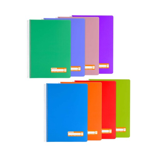 Cuaderno tamaño A4 con cubiertas de PP en colores surtidos y espiral plástica, interior de 80 hojas de 90 gr milimetrado, GRAFOPLAS.