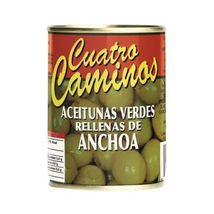 CUATRO CAMINOS Aceitunas verdes varidad Manzanilla finas, rellenas de anchoa CUATRO CAMINOS 120 g.