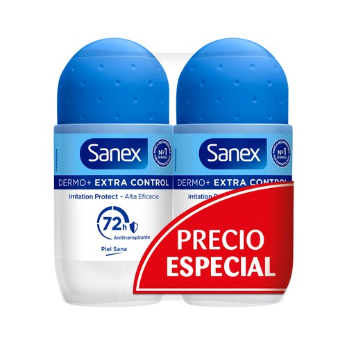 SANEX Dermo+ extra control Desodorante roll-on unisex, antitranspirante hasta 72 horas 2 x 50 ml.