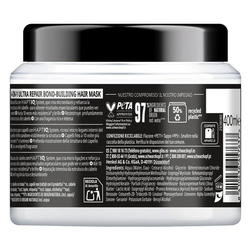 GLISS Ultra repair Mascarilla capilar ultra reparadora, para cabellos muy dañados 400 ml.