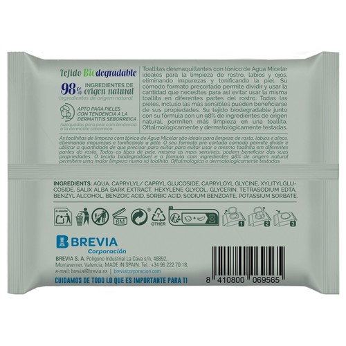 SALUSTAR Toallitas desmaquillantes biodegradables, con tónico y agua micelar SALUSTAR 30 uds.