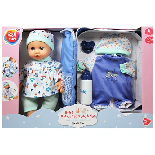 Muñeco Bebé con mochila portabebés y vestido extra 30cm, 6 piezas, modelos surtidos +2 Años ONE, TWO FUN