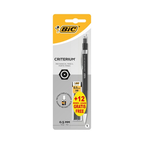 Portaminas retráctil con mina 0.5mm y goma de borrar. BIC.