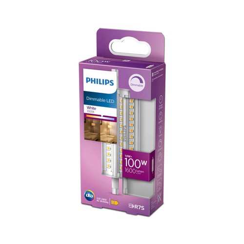 Bombilla Led R7S, 14W=100W, luz cálida 3000K, 118mm, regulable, PHILIPS.