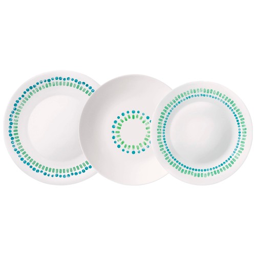 Vajilla de 18 piezas de vidrio opal color blanco con decoración azul y verde, Mediterraneo BORMIOLI ROCCO.