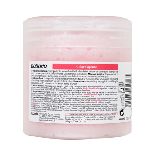 BABARIA Color capture Mascarilla capilar hidratante intensiva, para cabellos teñidos o con mechas 400 ml.